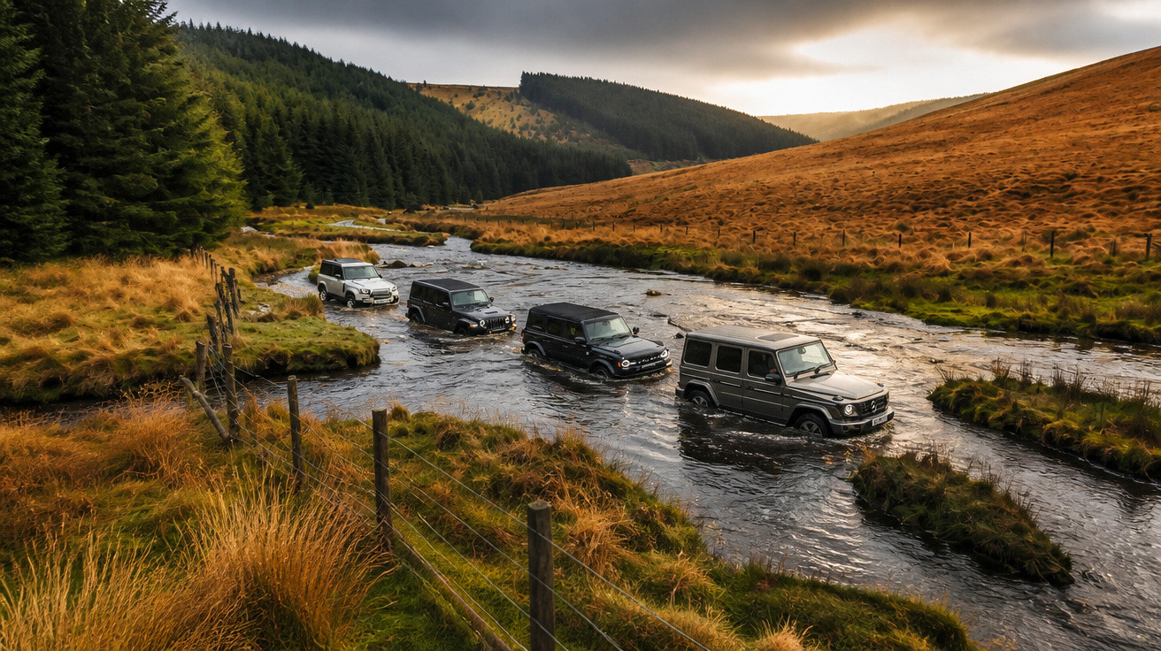 Vier Geländewagen fahren nacheinander durch einen Fluss in einer herbstlichen, bewaldeten Landschaft.