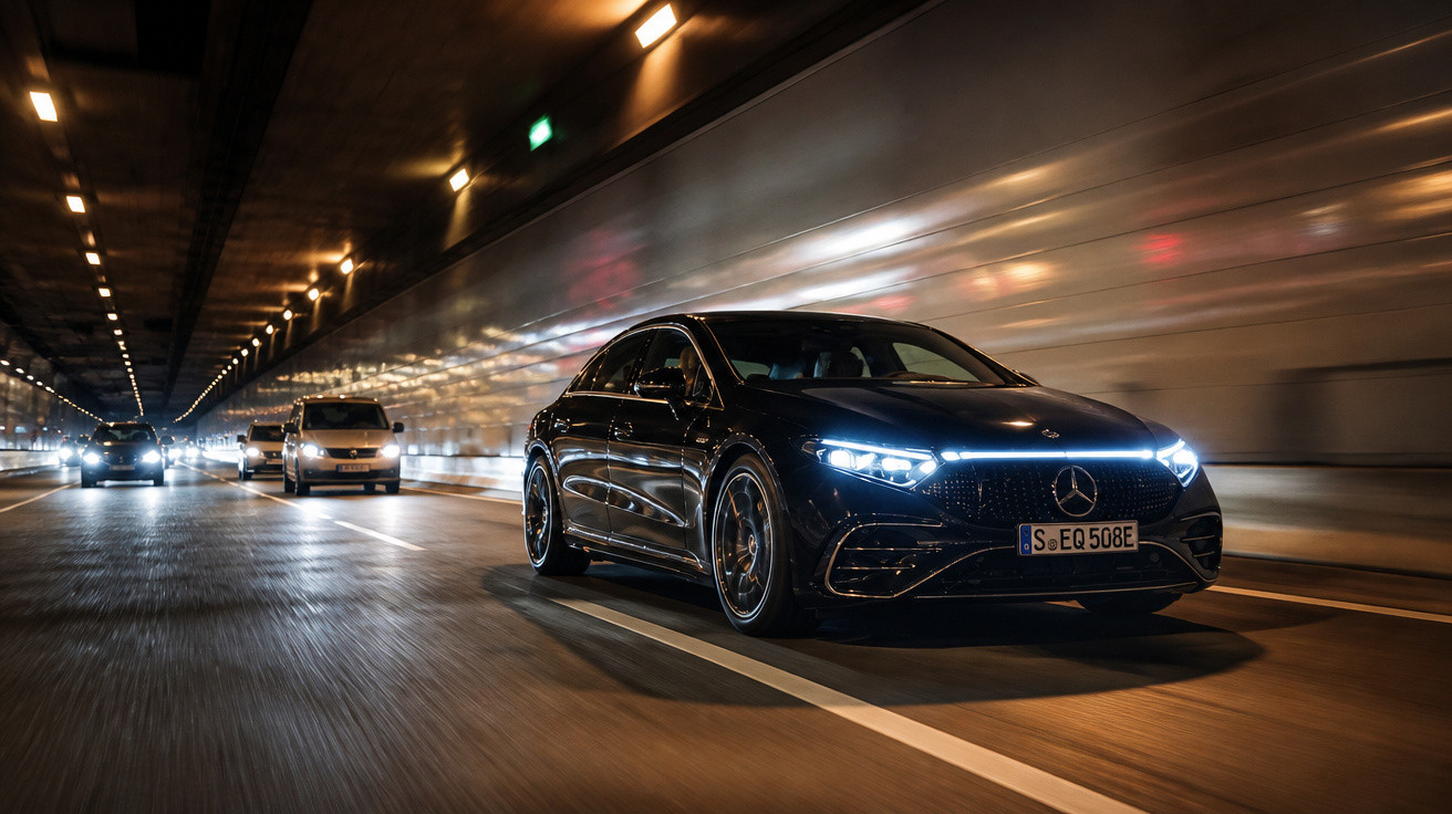 Schwarzer Mercedes mit LED-Scheinwerfern fährt nachts in Tunnel, weitere Autos folgen im Hintergrund.