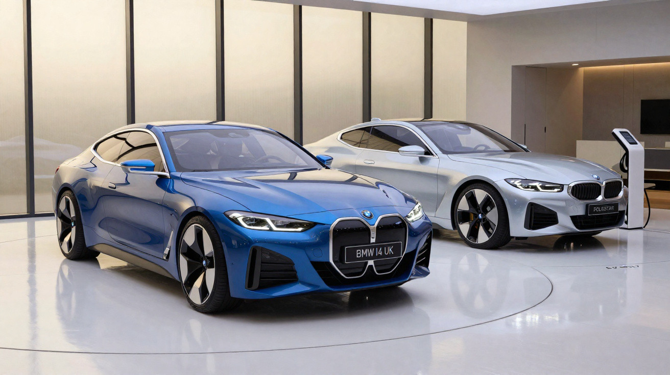 Zwei BMW Elektroautos in Blau und Silber in modernem Showroom mit Ladestation im Hintergrund.