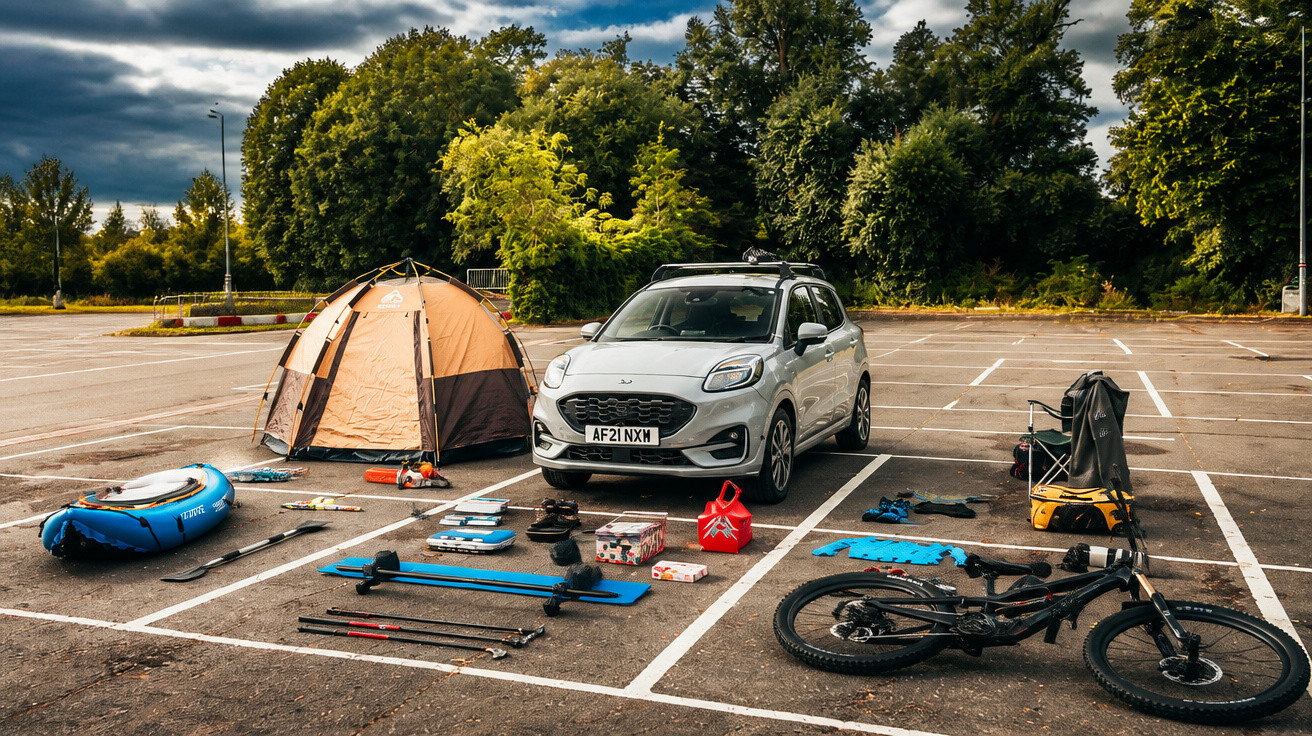 Campingausrüstung, Fahrrad und Zelt neben weißem Auto auf leerem Parkplatz bei bewölktem Himmel.
