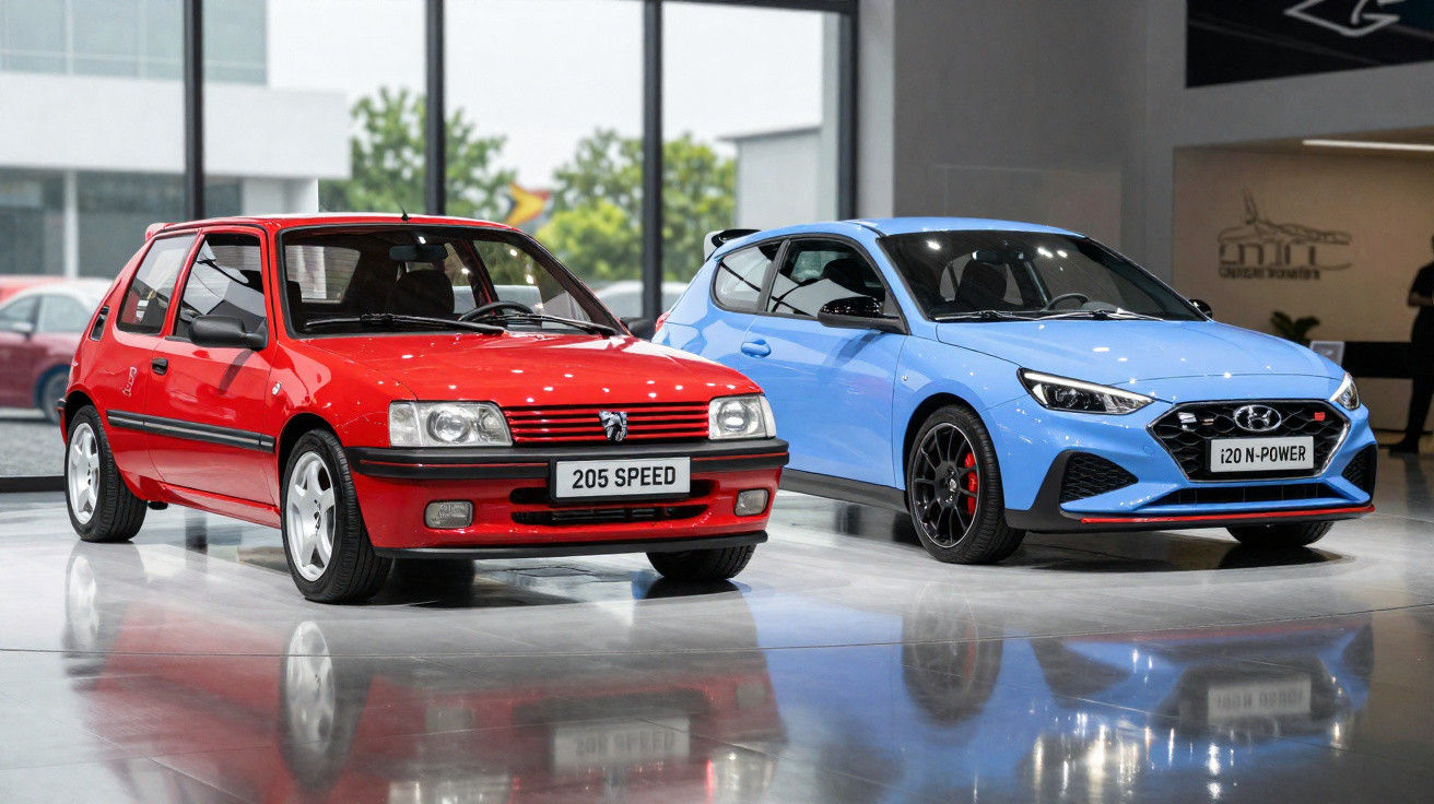 Zwei sportliche Autos nebeneinander in einem hellen Ausstellungsraum, links rot, rechts hellblau.