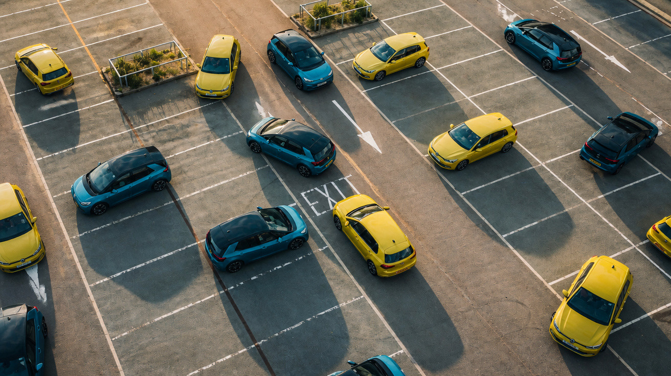Luftaufnahme eines Parkplatzes mit mehreren geparkten blauen und gelben Autos in einem Industriegebiet bei Sonnenuntergang.