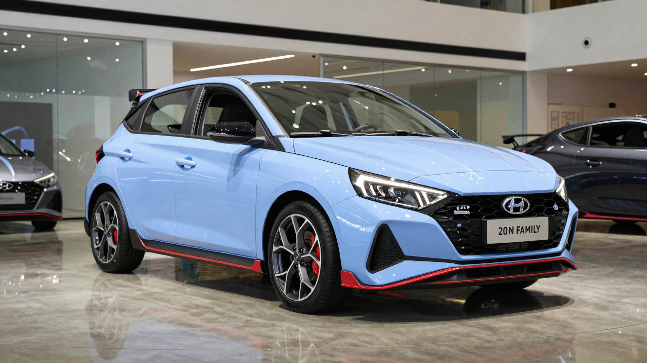 Blauer Hyundai i20N mit sportlichen Details steht in modernem Autohaus auf glänzendem Boden.