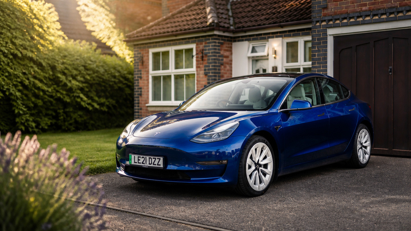 Blaues Tesla Model 3 parkt vor einem Haus mit Backsteinfassade und Garage bei sonnigem Wetter.