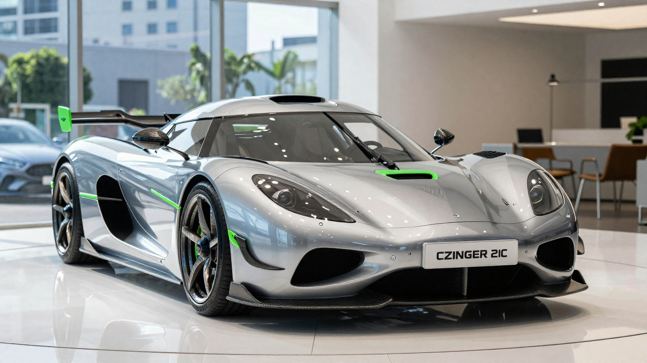 Silberner Supersportwagen Czinger 21C mit grünen Akzenten in modernem Ausstellungsraum stehend.