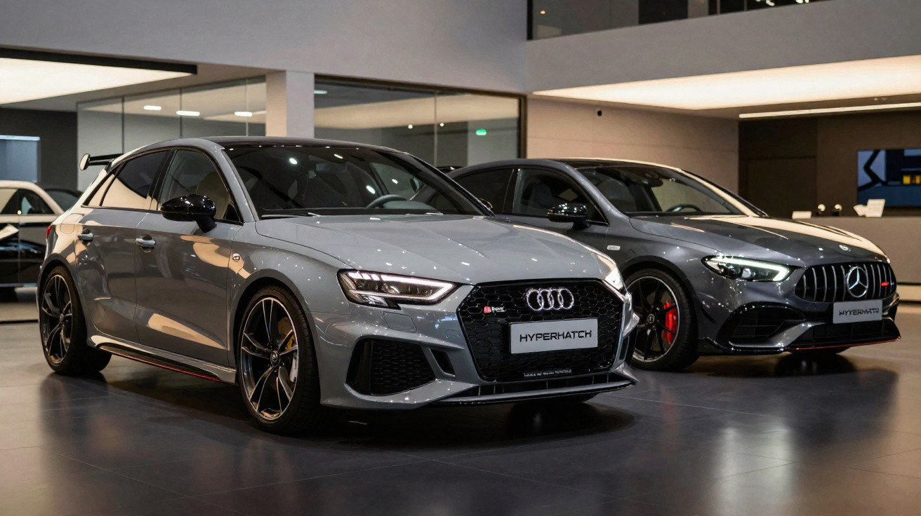 Zwei sportliche Limousinen, ein Audi RS3 und ein Mercedes-AMG, in einem modernen Showroom.