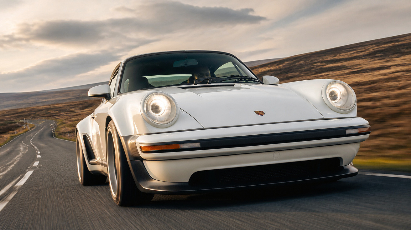 Weißer Porsche 911 fährt bei bewölktem Himmel auf einer kurvigen Landstraße durch hügelige Landschaft.