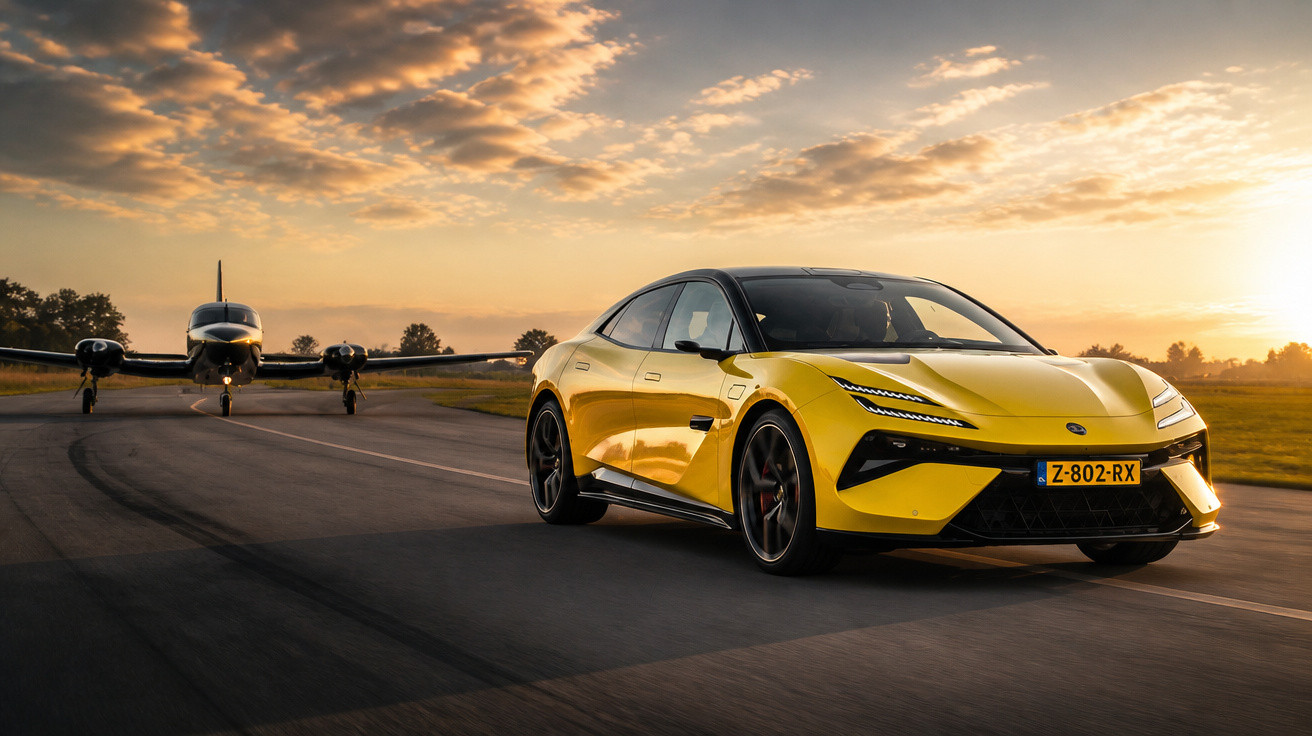Gelbes Sportauto auf Rollbahn mit kleinem Propellerflugzeug im Hintergrund bei Sonnenuntergang.