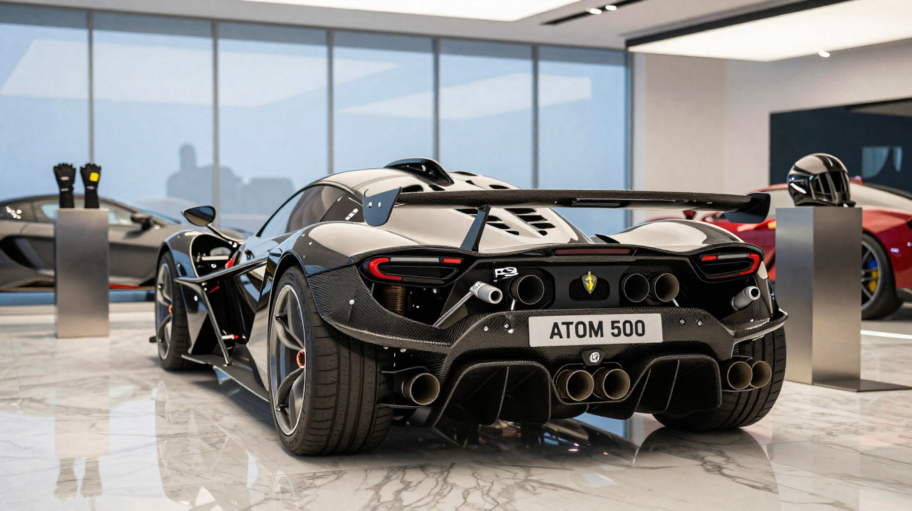 Schwarzer Atom 500 Supersportwagen mit großem Heckspoiler in modernem Showroom mit Marmorfliesen.