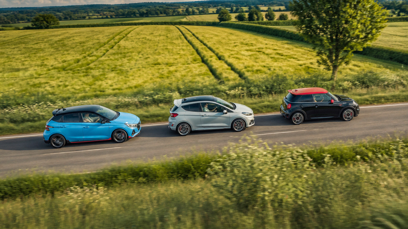 Drei sportliche Kleinwagen in Blau, Silber und Schwarz fahren auf einer Landstraße neben grünen Feldern.