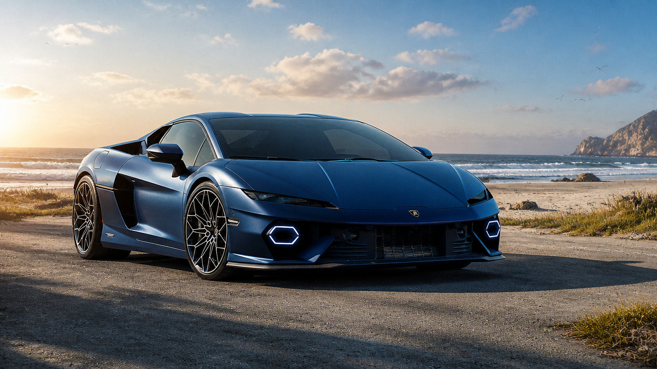 Blauer Lamborghini-Sportwagen bei Sonnenuntergang am Strand auf einer Asphaltstraße geparkt.