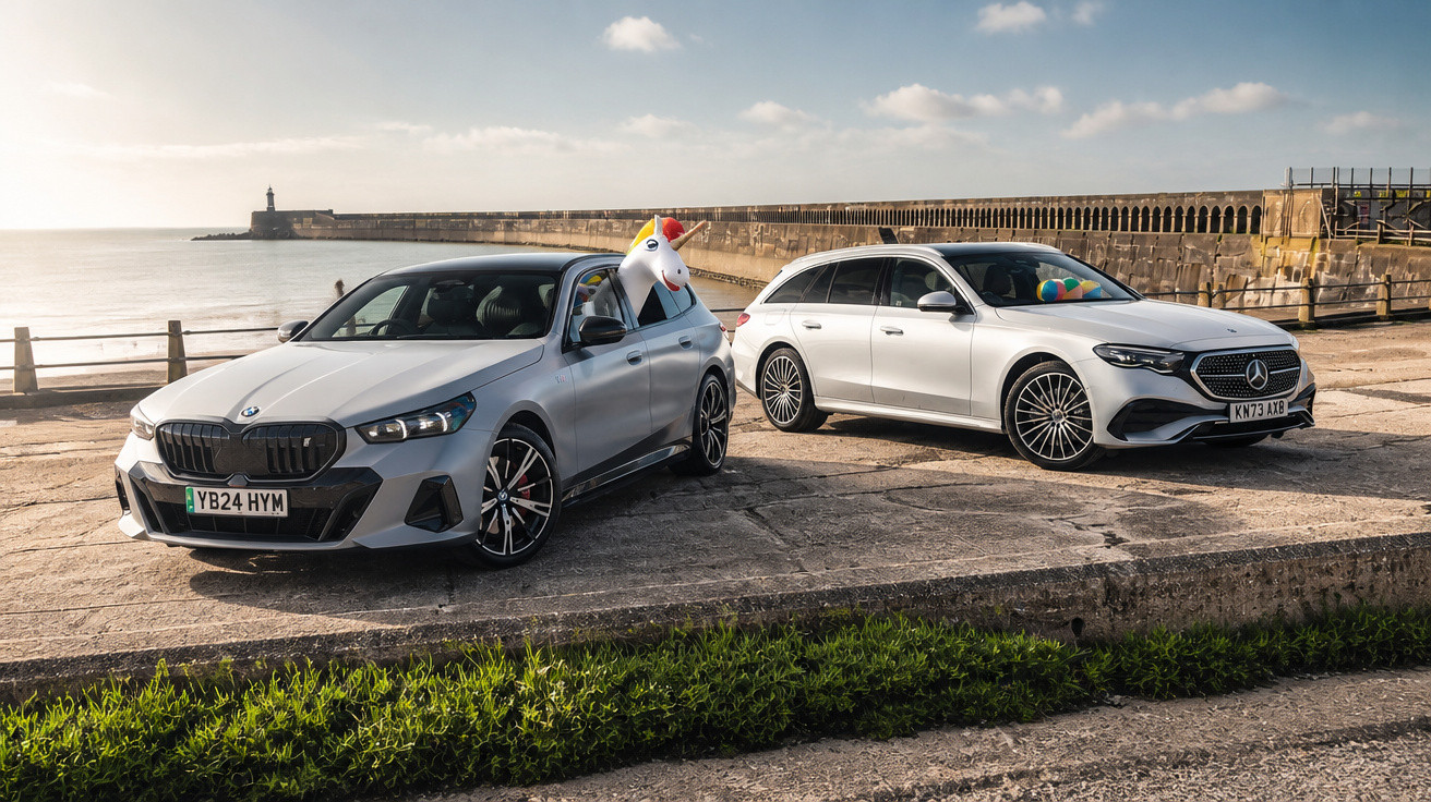 Zwei weiße Kombis, BMW und Mercedes, am Hafen geparkt, im BMW ein aufblasbares Einhorn sichtbar.