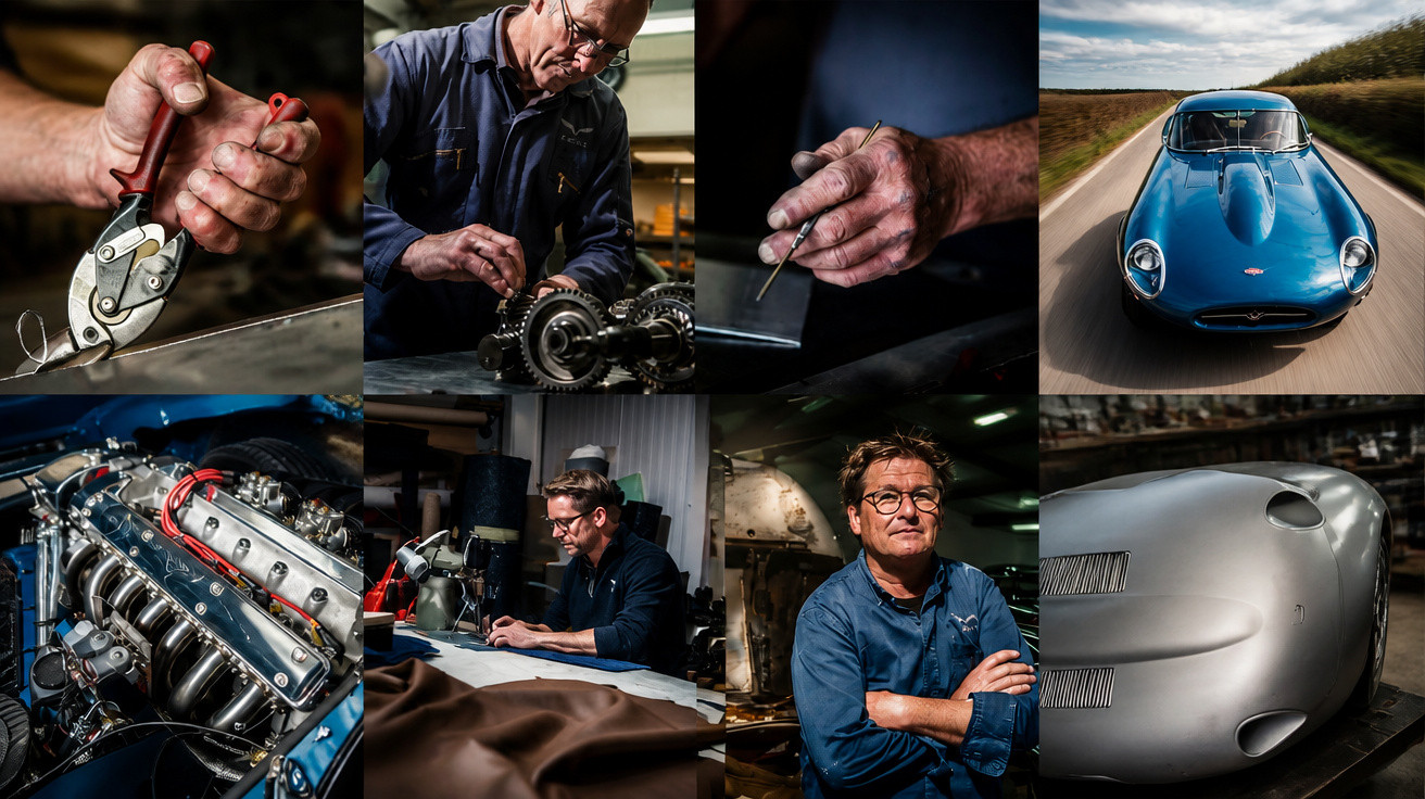 Collage zeigt Handschnitte, Motorenarbeit, Detailarbeit, Oldtimer-Auto und handwerkliche Tätigkeiten in Werkstatt.
