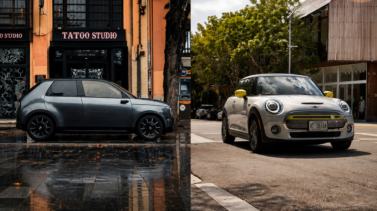 Zwei moderne Autos nebeneinander geparkt, eines grau vor einem Tattoostudio, das andere weiß auf einer sonnigen Straße.