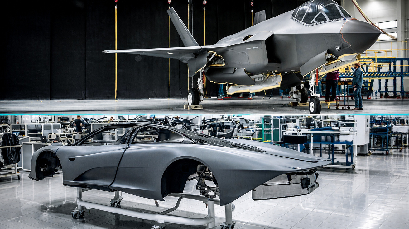 Oben ein militärisches Tarnkappenflugzeug in einer Werkhalle, unten ein silberner Autokorpus ohne Räder.