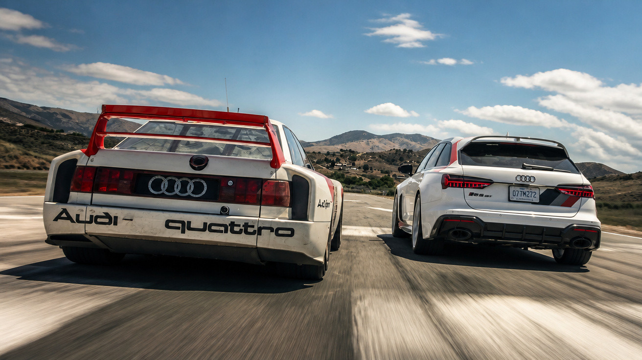 Zwei Audi Autos, ein klassischer Audi quattro und ein moderner Audi RS Avant, fahren nebeneinander auf einer Straße.