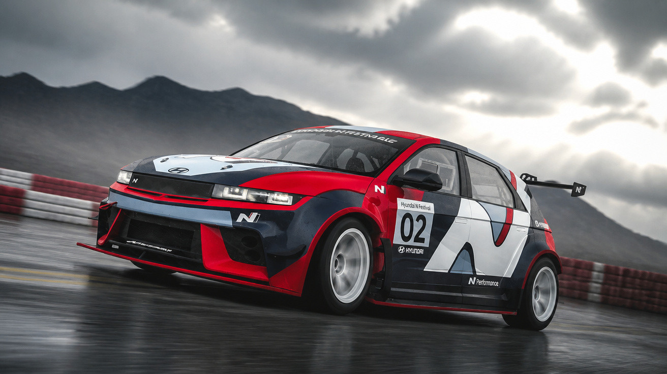 Rennwagen Hyundai i20 N in rot, schwarz und weiß fährt auf nasser Strecke vor Bergen und bewölktem Himmel.