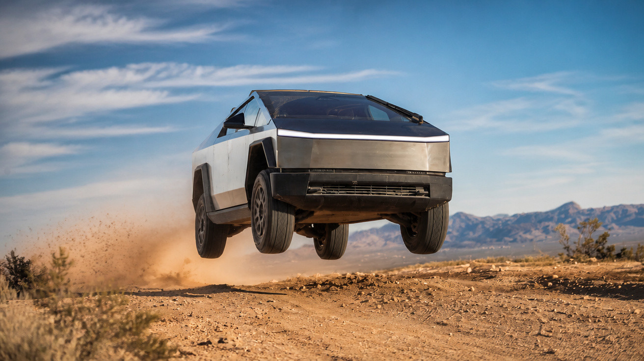 Tesla Cybertruck fährt schnell über unebene Bodenfläche im Wüstengelände und hebt ab.