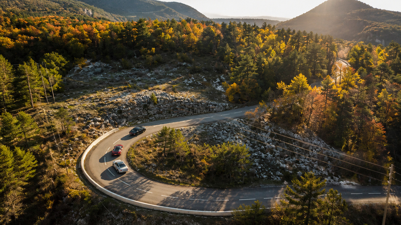 Serpentinenstraße mit drei Autos, umgeben von herbstlich gefärbtem Wald und Bergen im Sonnenlicht.