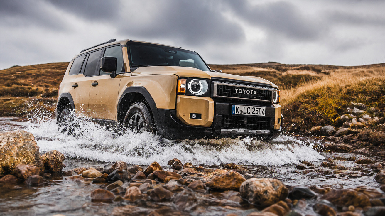 Beiger Toyota Geländewagen fährt durch einen Fluss mit steinigen Ufern unter bewölktem Himmel.