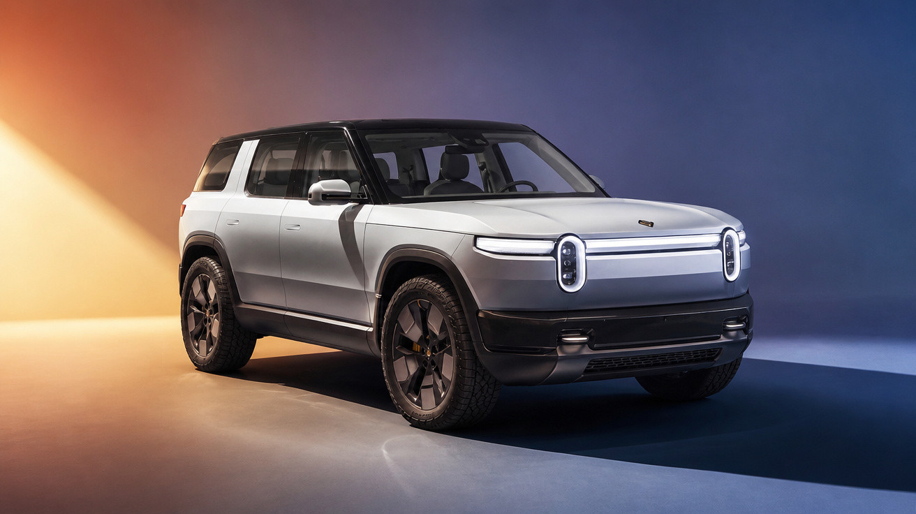 Moderner silberner SUV mit markanten runden LED-Scheinwerfern vor zweifarbigem Hintergrund.