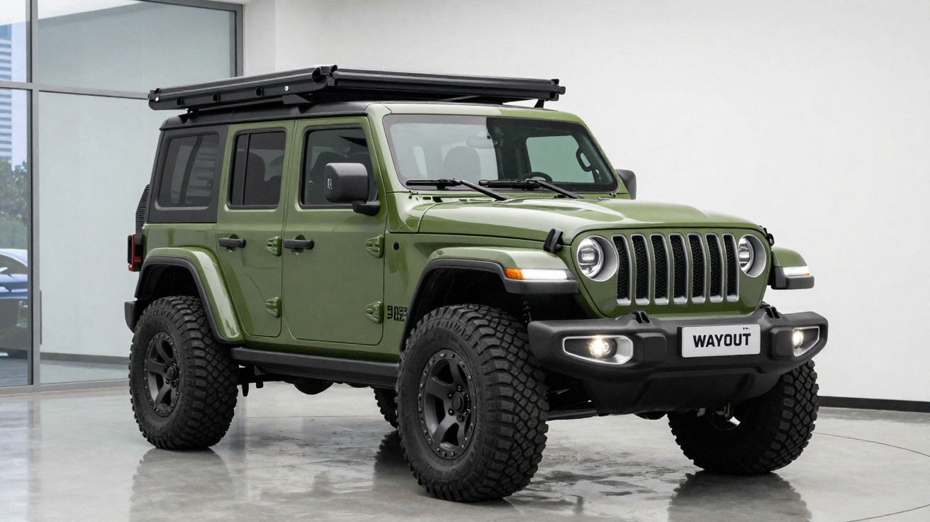 Grüner Jeep SUV mit großem Offroad-Reifen und Dachträger, stehend in hellem Raum mit Fenstern.