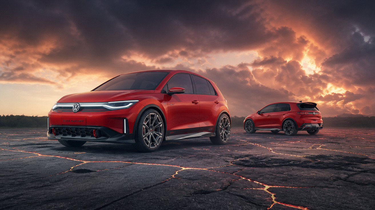 Zwei rote VW Golf GTI steht auf rissigem Boden mit glühenden Lavafugen unter dramatischem Abendhimmel.