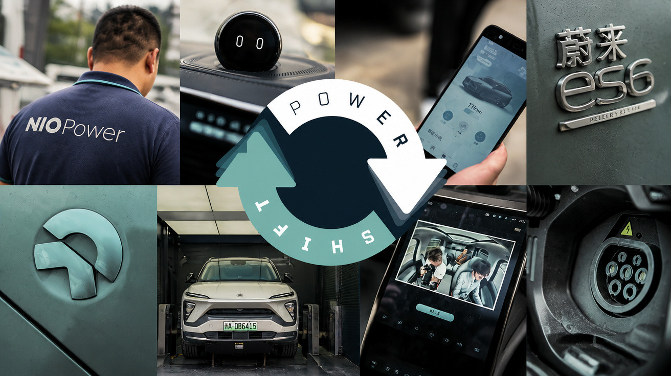 Collage zeigt NIO Power Elektroauto, Innenansichten, Ladestation und Smartphone-App zur Fahrzeugsteuerung.
