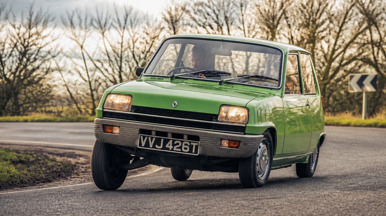 Grüner alter Renault Kleinwagen fährt stockend um eine Kurve auf Landstraße mit kahlen Bäumen im Hintergrund.