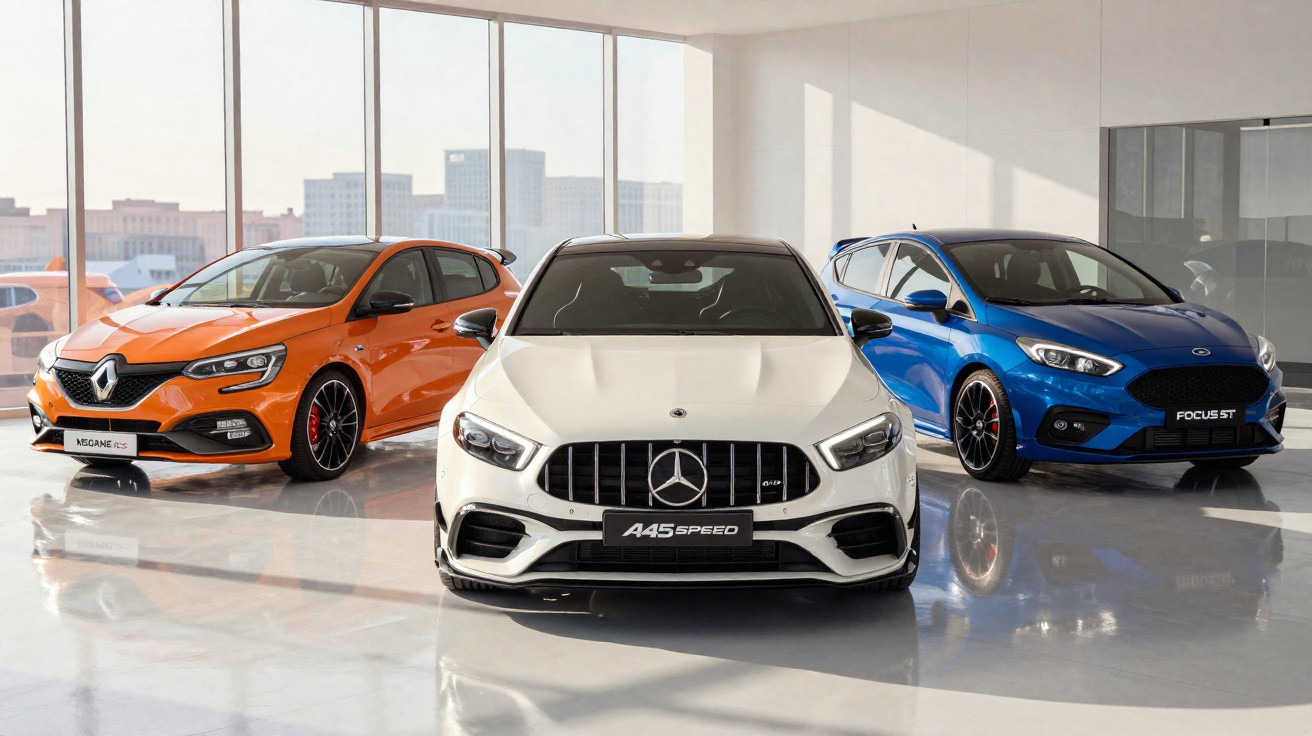 Drei sportliche Autos, Mercedes A45 AMG weiß, Renault Mégane RS orange und Ford Focus ST blau, in hellem Showroom.