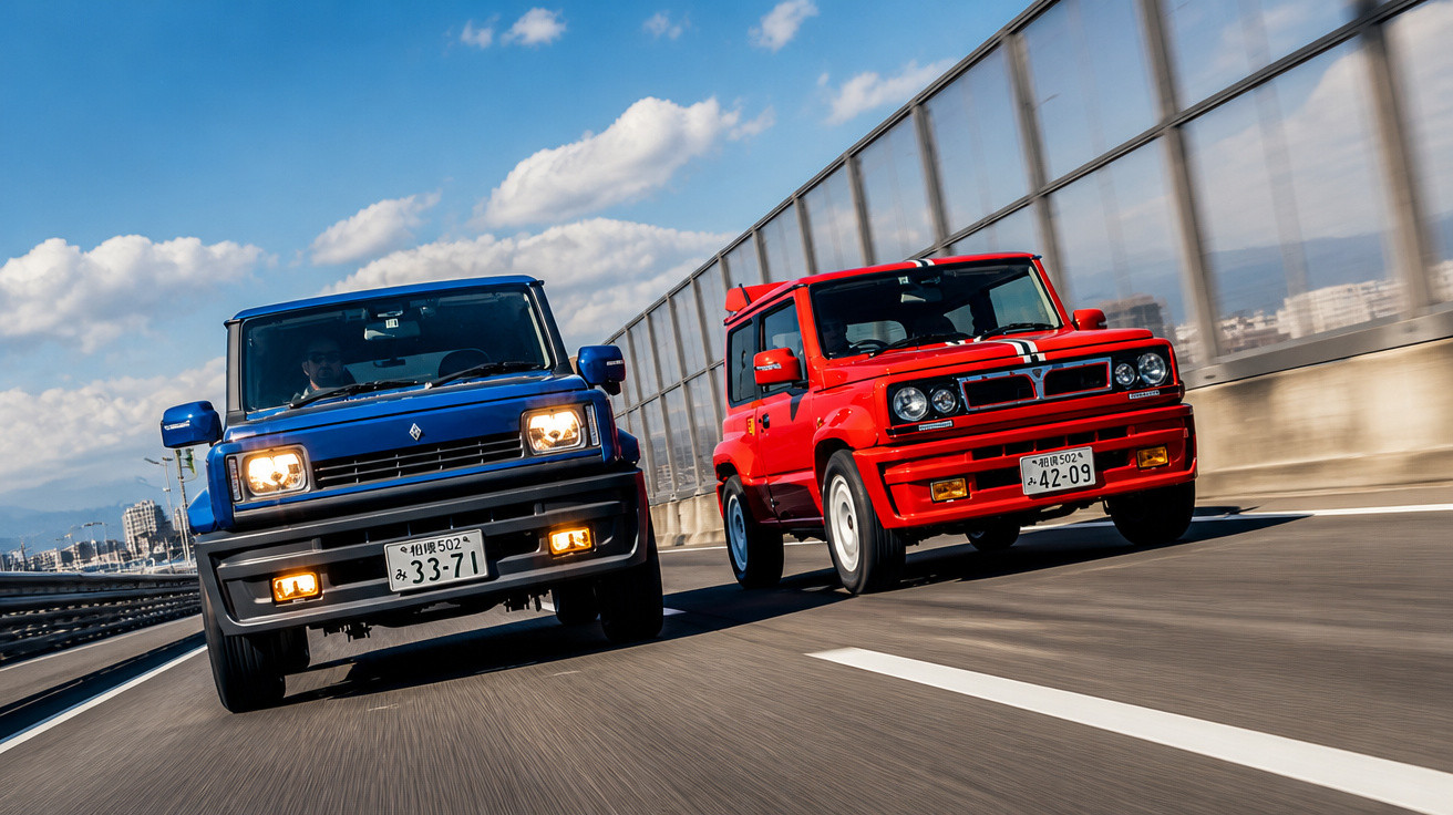 Zwei klassische kompakte Autos, blau und rot, fahren nebeneinander auf einer Autobahn bei Sonnenschein.
