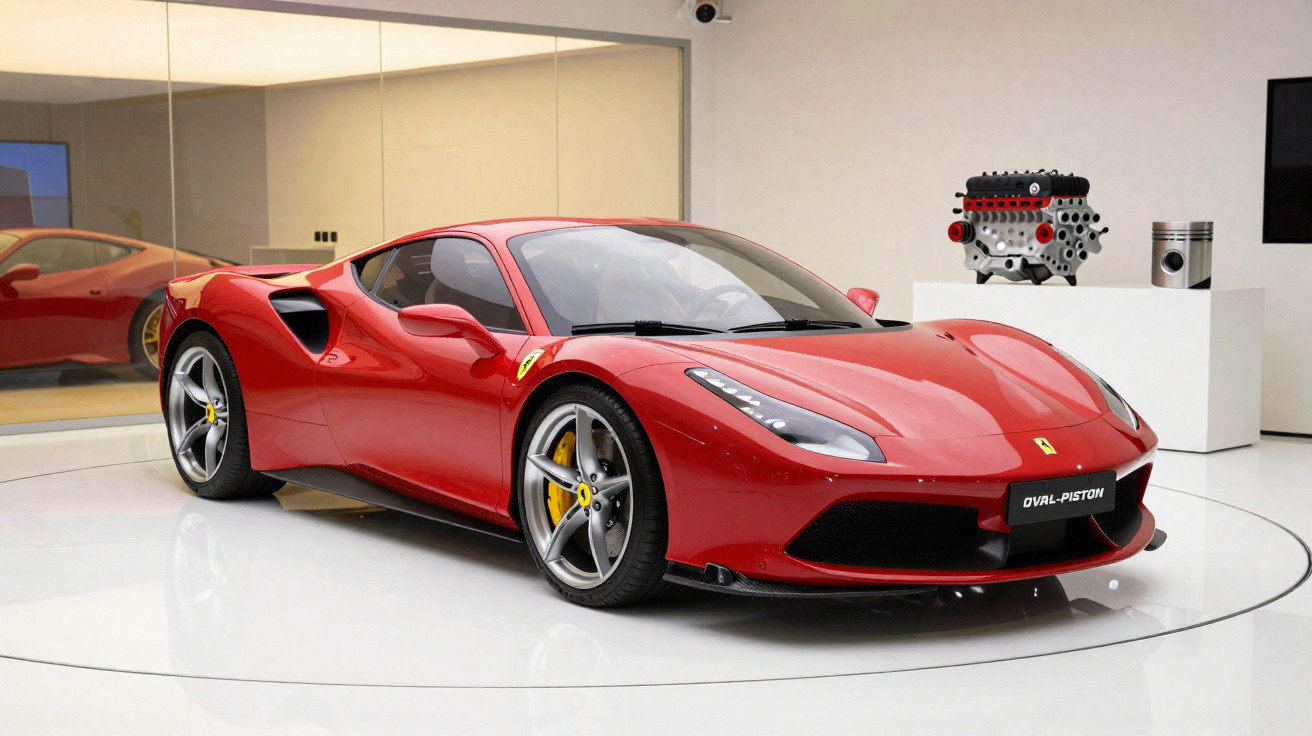 Roter Ferrari Sportwagen in moderner Ausstellungshalle, im Hintergrund Motor und Kolben zu sehen.