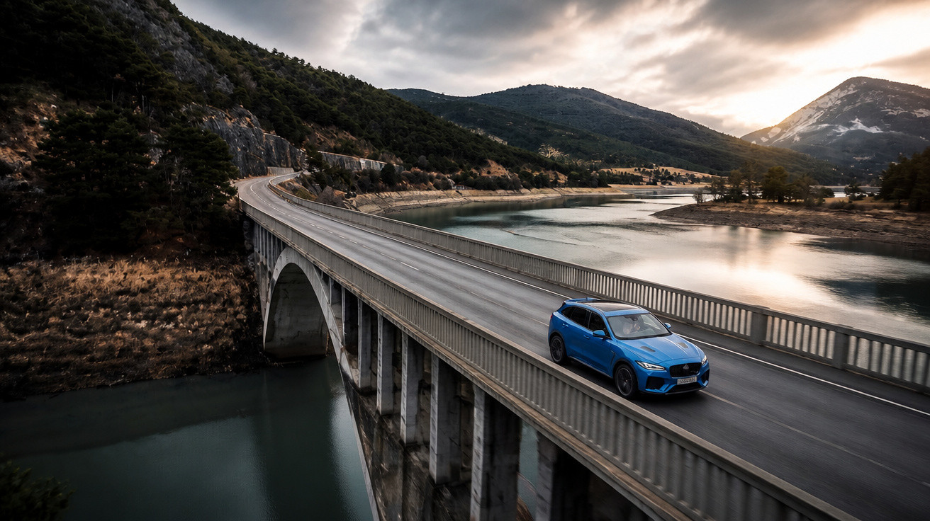 Blaues Auto fährt auf Brücke über Fluss, umgeben von Bergen und bewölktem Himmel bei Dämmerung.