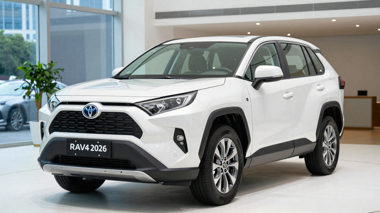 Weißer Toyota RAV4 SUV 2026 Modell, präsentiert in einem modernen Showroom mit Glasfront.