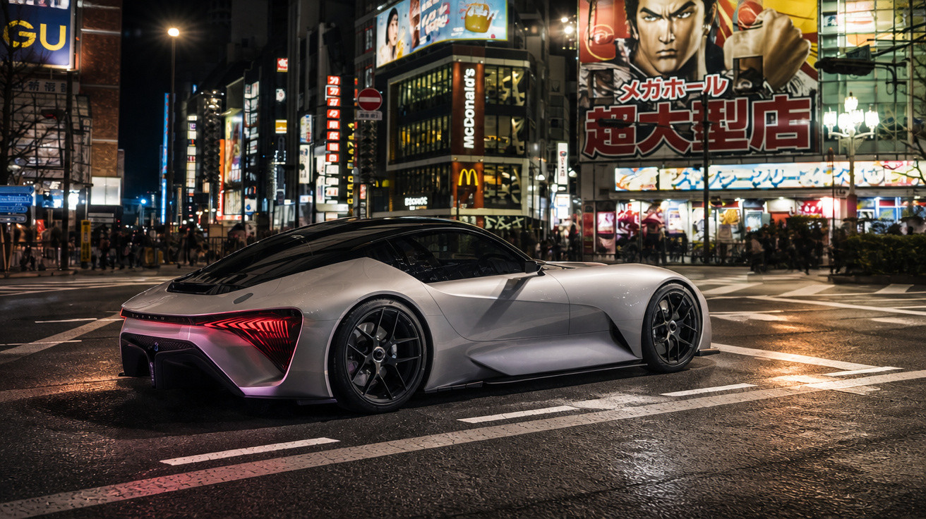 Futuristisches silbernes Sportauto bei Nacht auf belebter Straße mit hell erleuchteten Gebäuden und Reklametafeln.