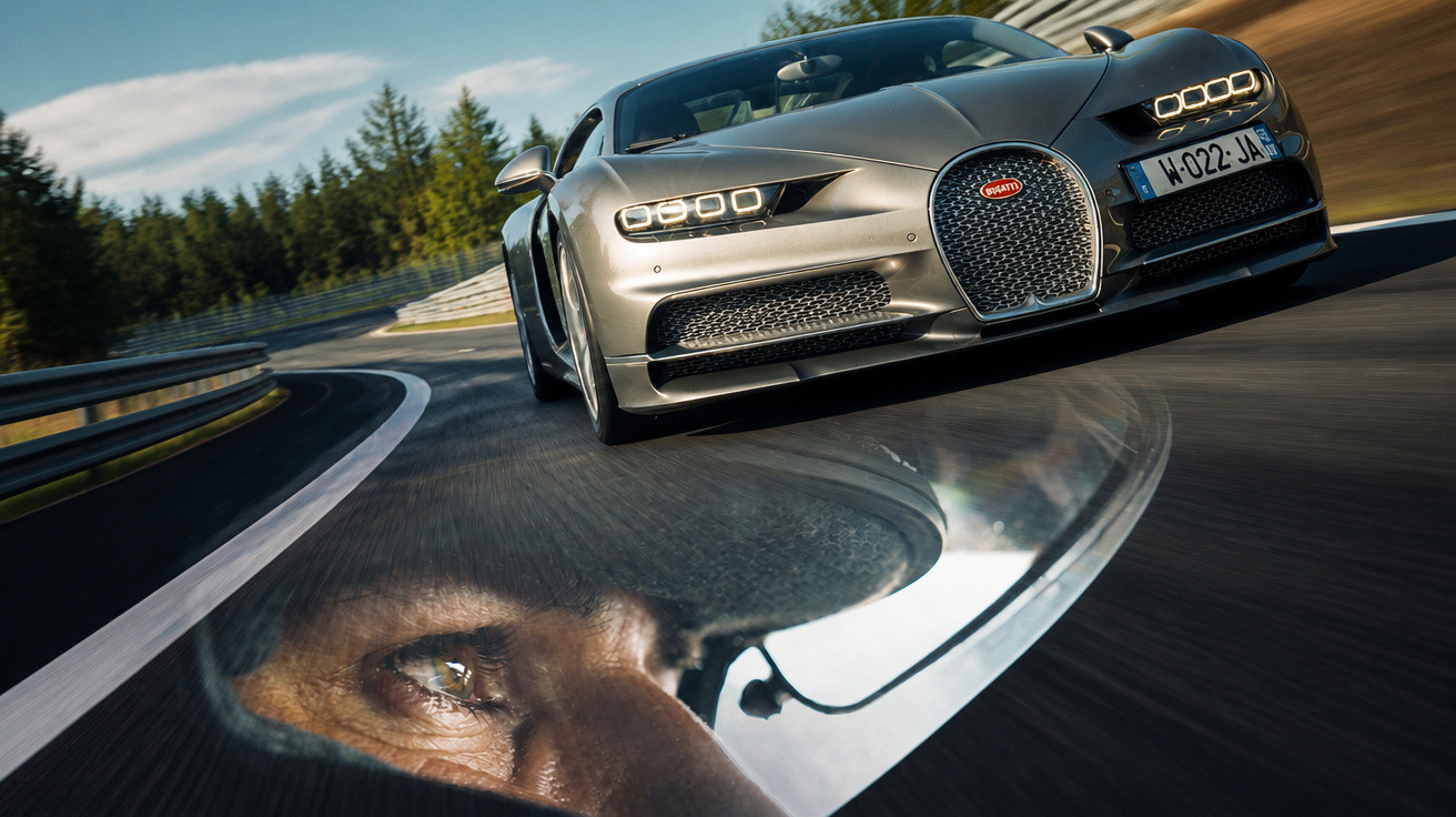 Bugatti Chiron fährt auf Rennstrecke, Reflexion eines konzentrierten Fahrers im Seitenspiegel sichtbar.