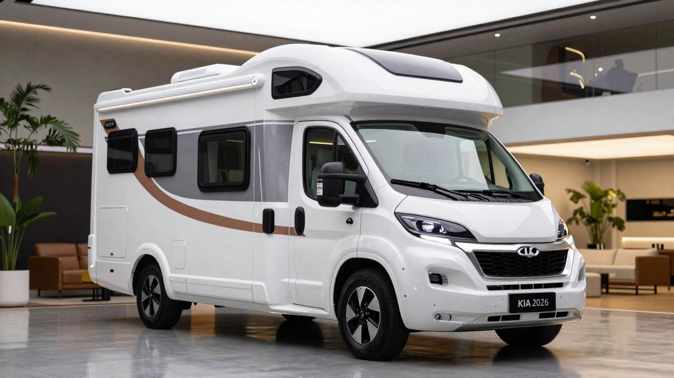 Weißes Wohnmobil Kia 2026 mit braunem Akzent, geparkt in modernem Innenraum mit Pflanzen und Möbeln.