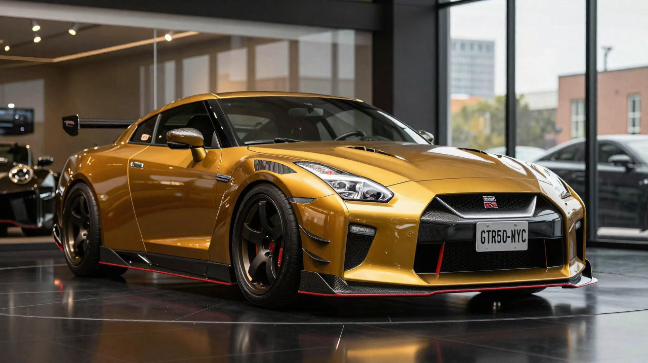 Goldfarbener Nissan GT-R Nismo Supersportwagen in einem modernen Ausstellungsraum mit schwarzen Felgen.