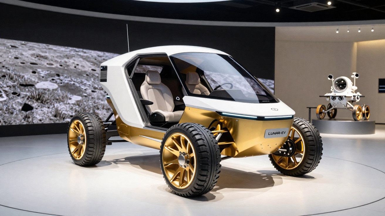 Futuristisches gelb-weißes Lunar-EV Mondfahrzeug mit großen Reifen in einer Ausstellungshalle.