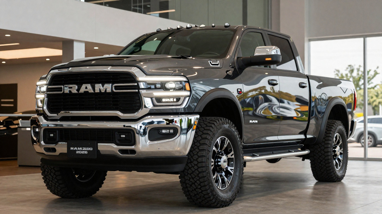 Schwarzer RAM 2500 Pickup Truck 2025, stehend in einem hellen Showroom mit großen Fenstern.