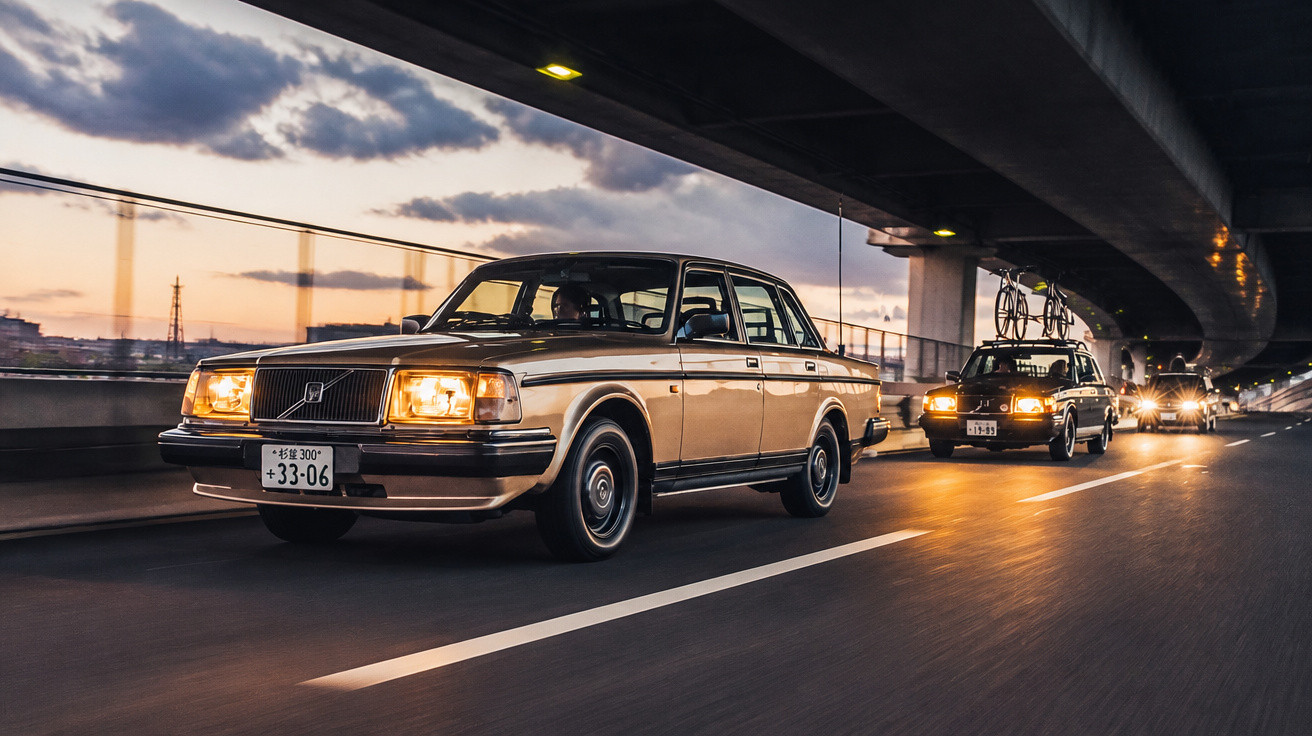 Drei klassische Volvo-Limousinen fahren bei Dämmerung unter einer Hochstraße auf einer breiten Straße.