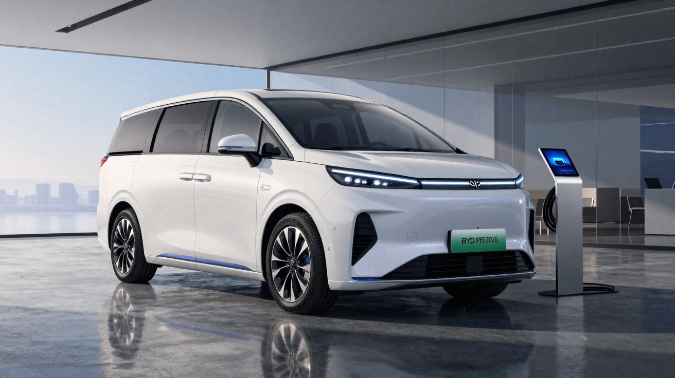 Weißer elektrischer BYD MPV steht in moderner Garage neben Ladestation mit Blick auf Stadt im Hintergrund.