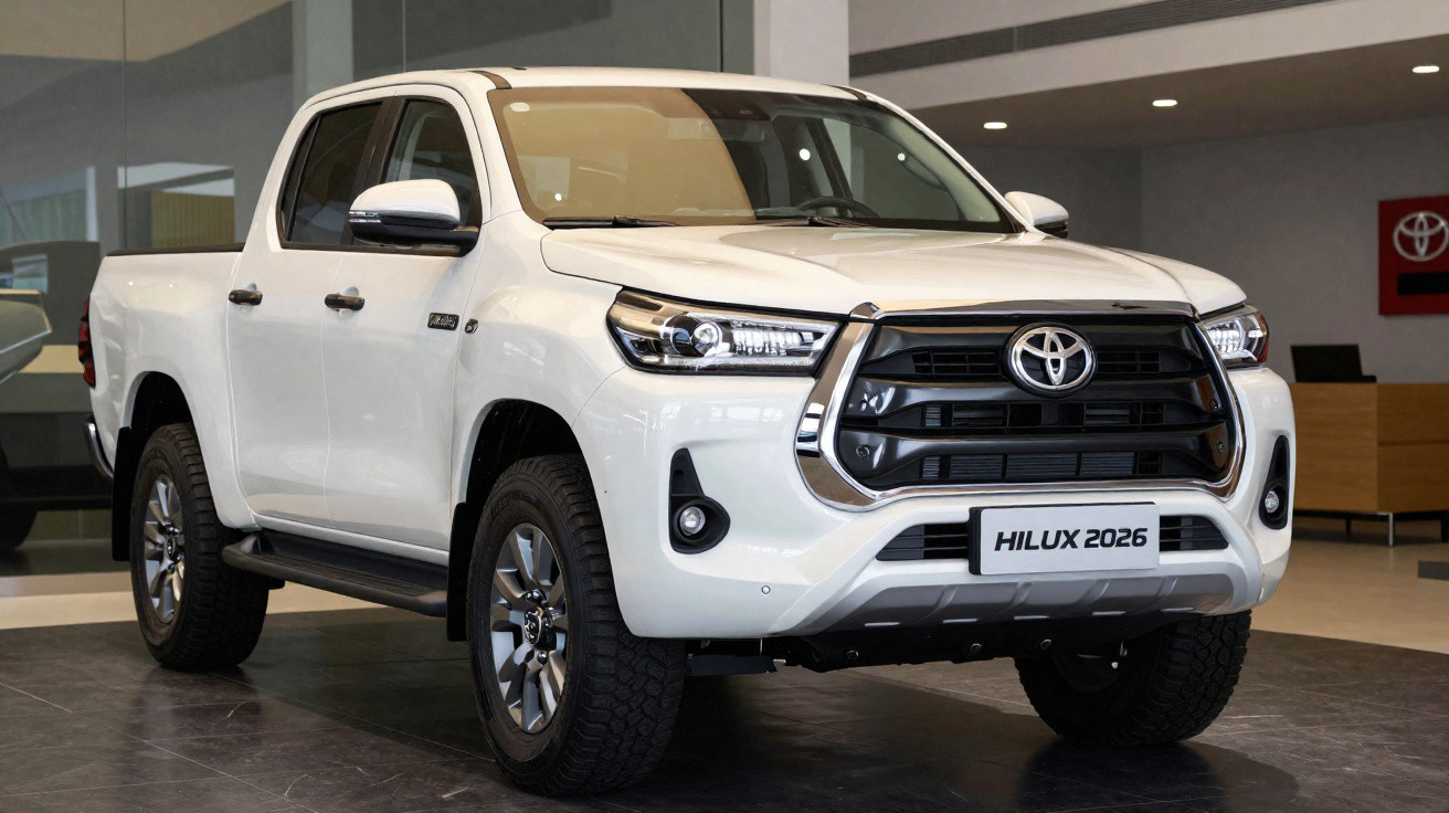 Weißer Toyota Hilux 2026 Pick-up, geparkt im Showroom mit moderner Innenraumbeleuchtung.