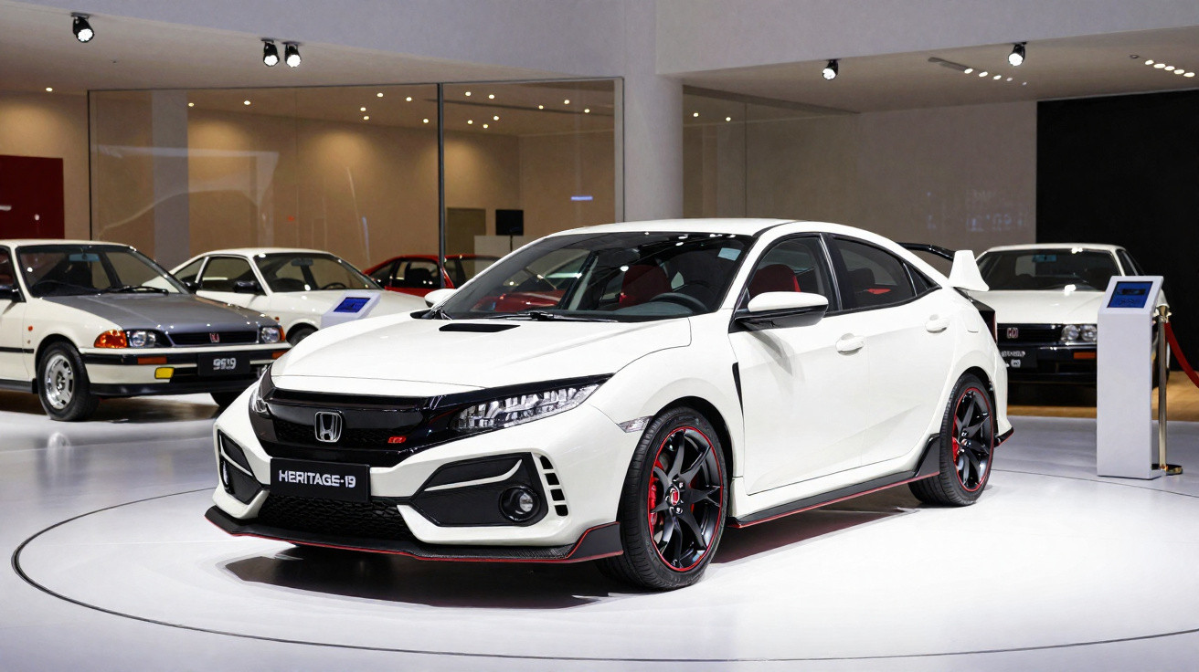 Weißer Honda Civic Type R Heritage Edition im Ausstellungsraum mit historischen Modellen im Hintergrund.