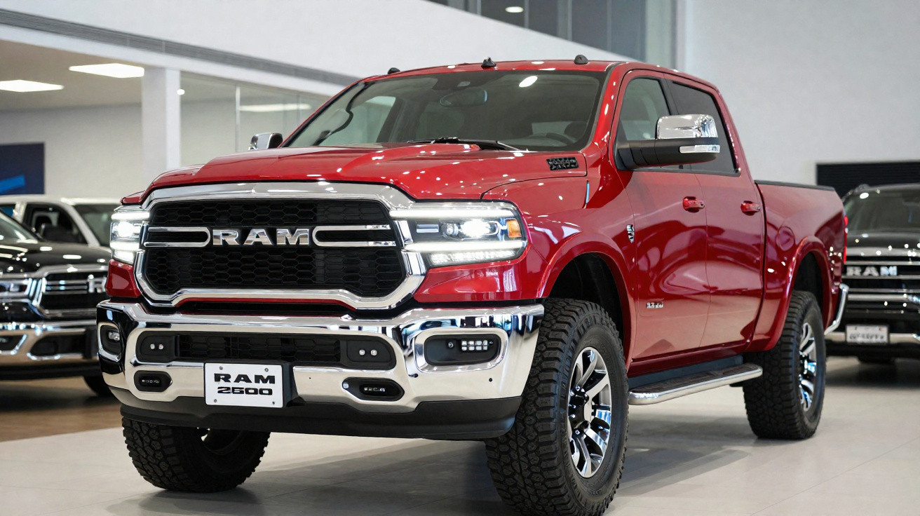 Roter RAM 2500 Pickup-Truck in einem hellen Autohaus mit großem Kühlergrill und LED-Scheinwerfern.