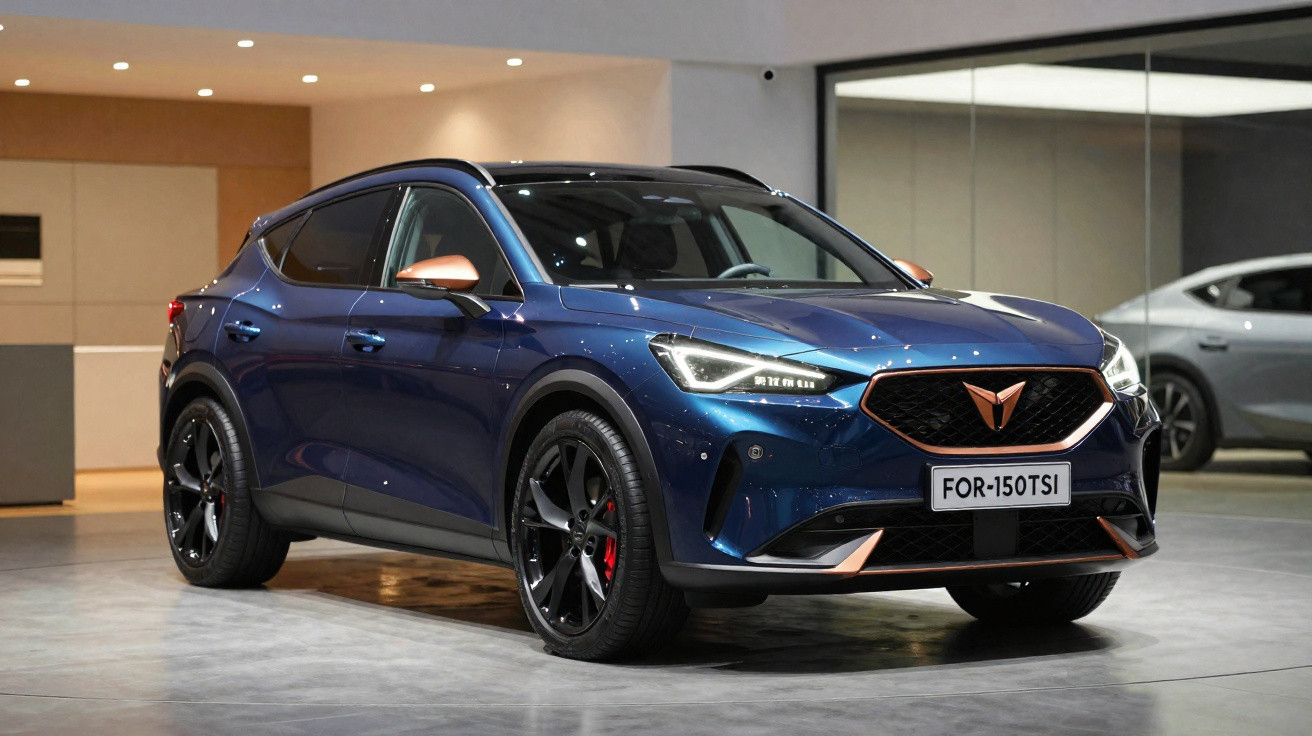 Blauer sportlicher SUV mit schwarzem Dach und roten Akzenten in heller modernen Ausstellungshalle.