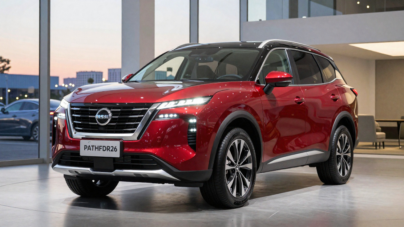 Roter Nissan Pathfinder SUV in modernem Showroom mit Glasfassade und beleuchteter Umgebung.