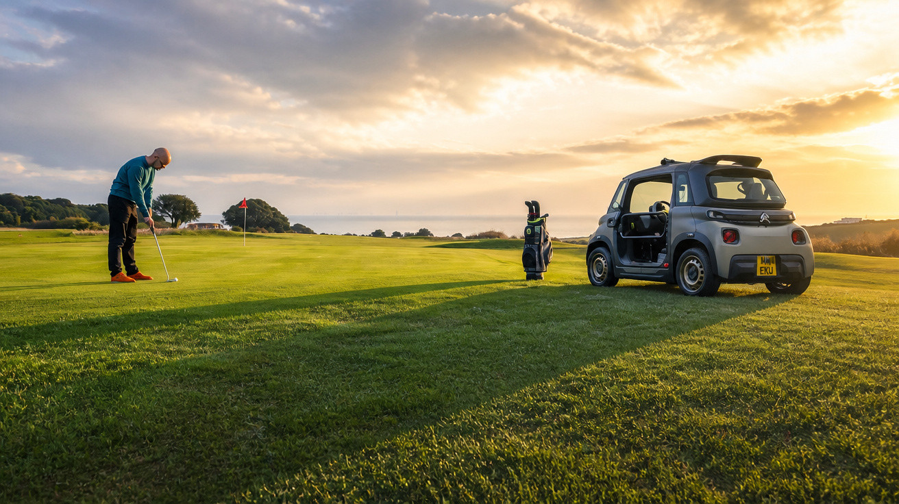 Mann spielt Golf bei Sonnenuntergang auf grünem Golfplatz neben kleinem Auto und Golfbag.