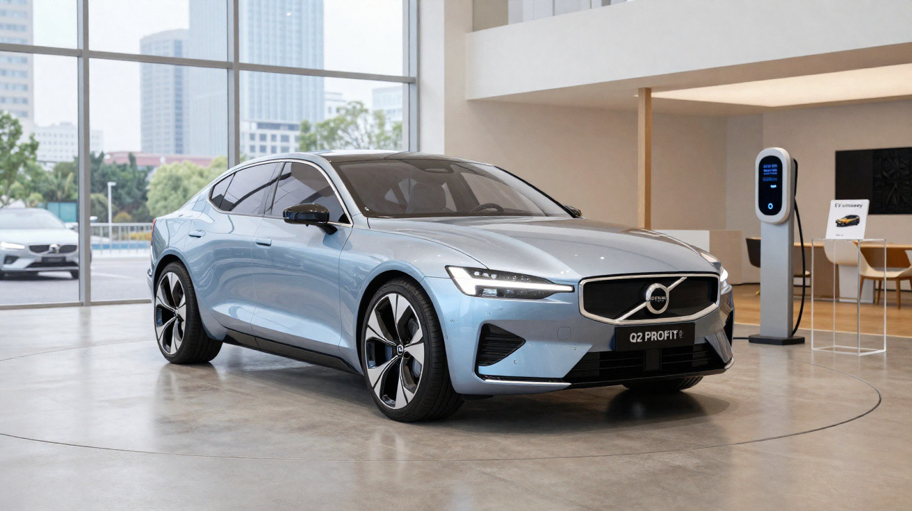 Silberblauer Elektro-Pkw Volvo im modernen Showroom neben Ladestation und großen Fenstern.