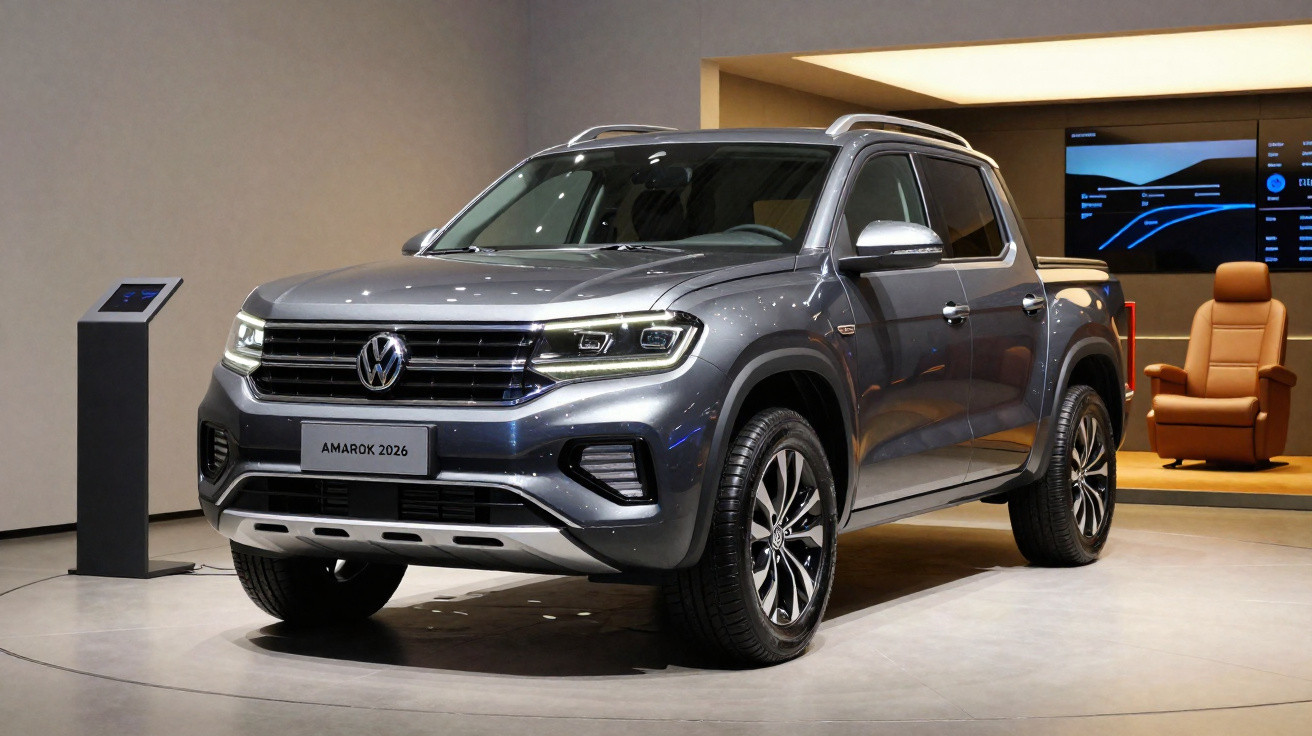 Silberner Volkswagen Amarok 2026 Pick-up im Ausstellungsraum mit modernem Interieur im Hintergrund.